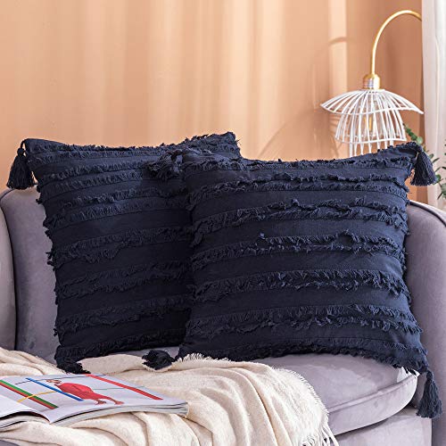 Longhui bedding Decorative Cotton Linen Navy Blue Throw Pillow Covers with Tassels Fringe - 18x18 Inches Cushion Covers with Invisible Zipper for Couch, Sofa and Bedroom, Set of 2