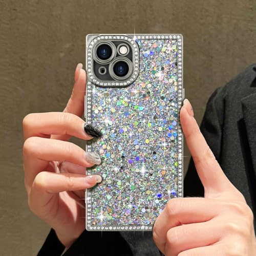 LAPOPNUT for iPhone 15 Case,Cute Bling Sequin Glitter Sparkly Rhinestones Rectangle Edge Phone Case for Girls Women,Crystal Diamond Full Camera Protective Shockproof TPU Bumper Cover,Silver by LAPOPNUT - Used condition - Image 3