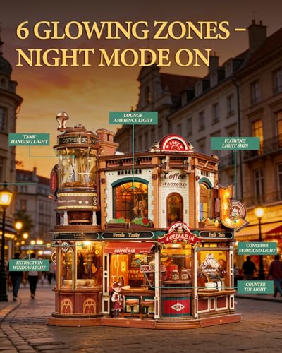 Image of ROKR Moving Dream Coffee Factory DIY Miniature House Kit - 3D Wooden Puzzles for Adults with Music Box & LED Lights, No Glue Kinetic Model Building Kit, Unique Home Decor Gifts for Adults Women Men