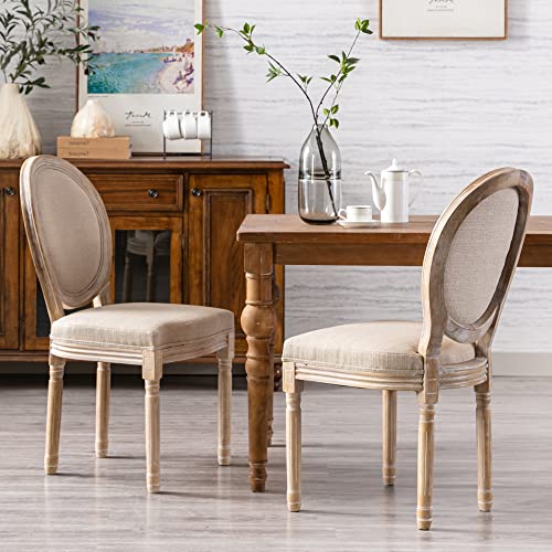 Chairus Farmhouse Dining Chairs Set Of 2 French Country Dining Room Chairs Vintage Fabric Upholstered Chair With Round Back Natural Wood Legs, Beige 2 Pcs #TOP20