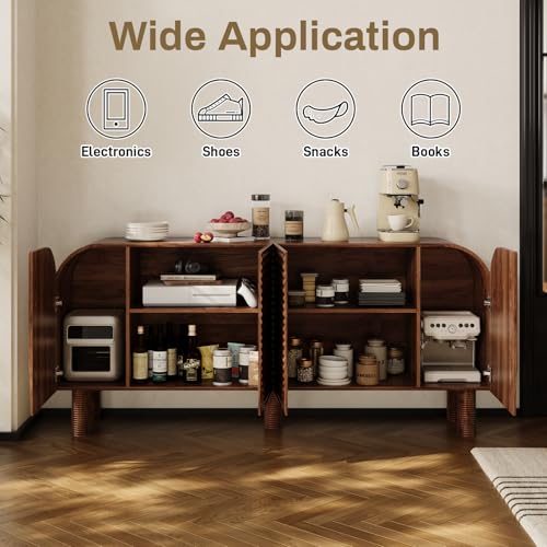 Image of 71 inch Curved Sideboard Cabinet with Storage, 4-Door Buffet Credenza, Walnut | Large wood credenza features four textured arched doors, roomy storage, and anti-tip hardware for dining rooms and entryways
