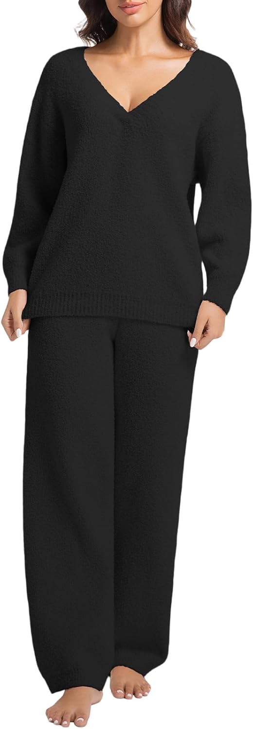 2 Piece Fleece Pajamas for Women Sets V-Neck Outfits Sweater Womens Long Sleeve Fuzzy Loungewear Pajama Set - Image 2