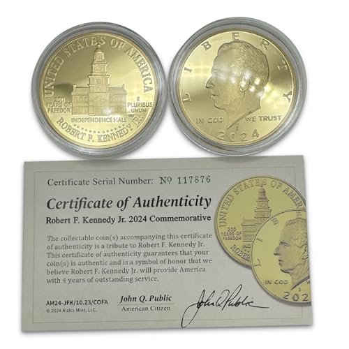 Image of Robert F Kennedy Jr. 2024 Gold Trump Coin 2024, RFK President Coin, JFK Coin Collectors, 24kt Gold Plated, 38mm x 2mm in Protective case with Certificate of Authenticity