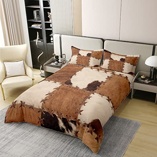 Cowhide 100% Cotton Duvet Cover King Patchwork Cow Fur Print Comforter Cover Farm Animal Bedding Sets For Kids Boys Girls Western Cowboy Farmhouse Bedspreads Cover With 2 Pillow Cases Bedroom Decor #TOP16