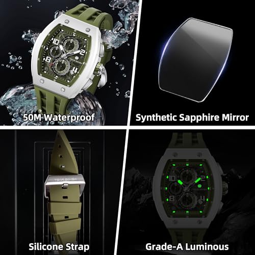 Image of TSAR BOMBA Mens Luxury Watch Watches for Men 50M Waterproof Japanese Quartz Movement Tonneau Stainless Steel Case Sapphire Glass with Chronograph Date Function Cool Unique Fashion Gift