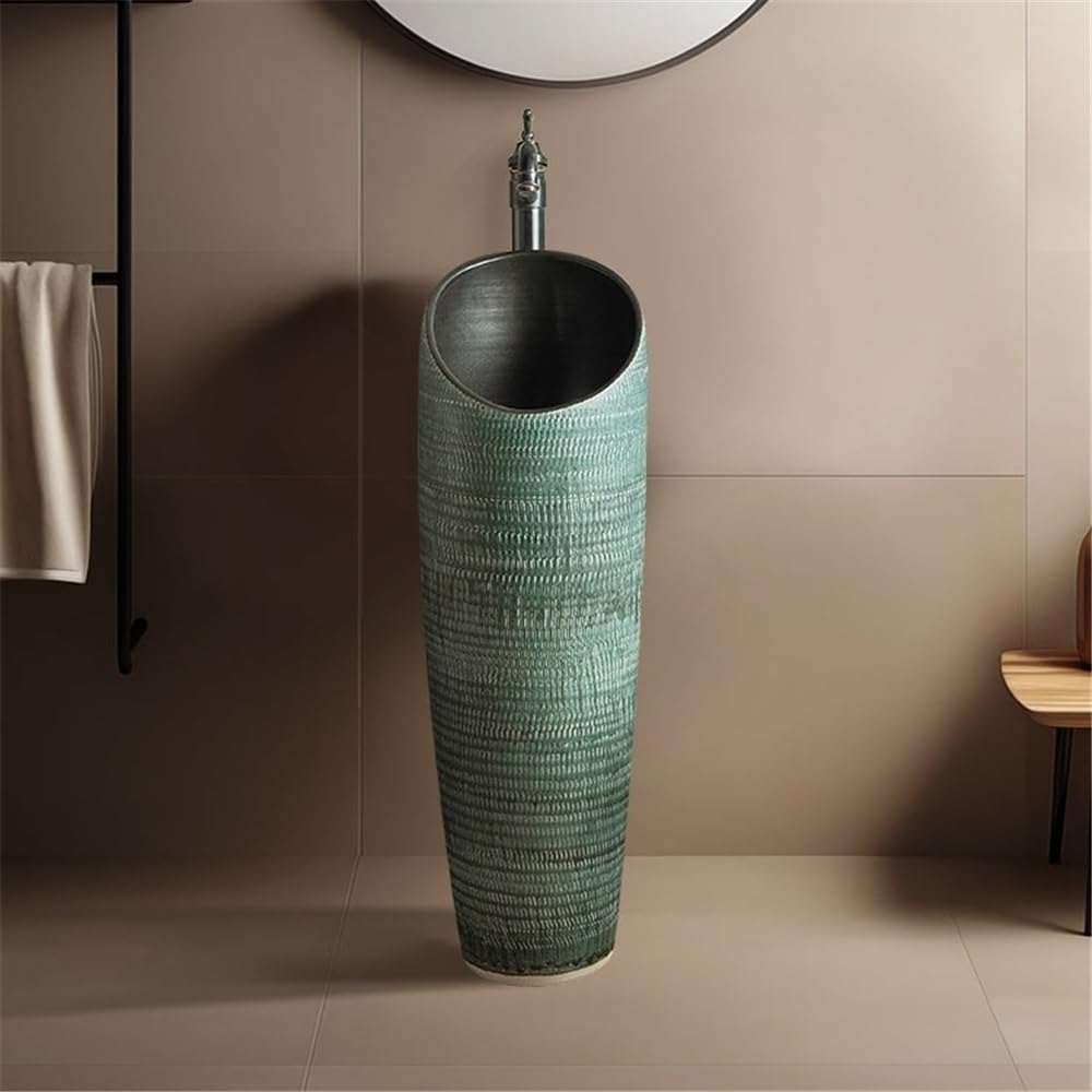 Lavello a colonna in ceramica con rubinetto e kit di scarico, elegante lavabo da pavimento per cortile, design moderno, salvaspazio, facile installazione