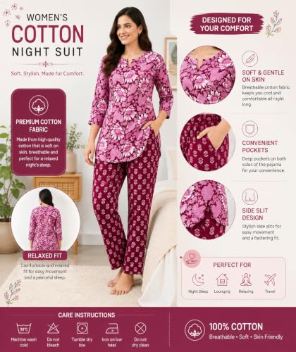 Image of Women's Cotton Night Suit Set, Printed Top and Pyjama, Casual Loungewear Sleepwear for Womens Girls