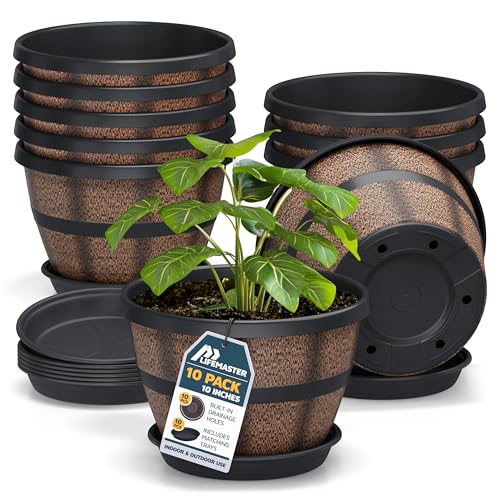 10-Inch Whiskey Barrel Planters Outdoor Pack of 10 - Durable Plastic Plant Pots for Indoor & Outdoor Use with Drainage & Saucer, Lightweight Rustic Barrel Planters for Flowers, Herbs & Small Plants