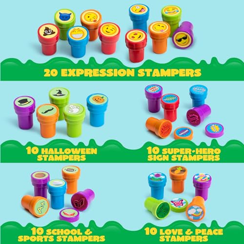 Image of JOYIN 100PCS Assorted Stamps for Kids Self-Ink for Party Favor, Teacher Stamps, Kids Treasure Box, Prize for Classroom, Birthday School Stuffers (50 Designs, Dinosaur, Halloween Stampers)