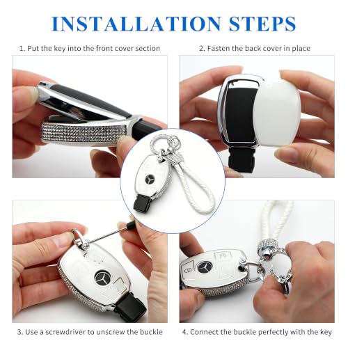 Image of Creativity for Mercedes Benz key cover and keychian (White Combination) | TPU key box with Rhinestones is compatible with CLS CLK AMG ML C CL E S SL SLK G GLC GLE GLS M R Smart Remote Key