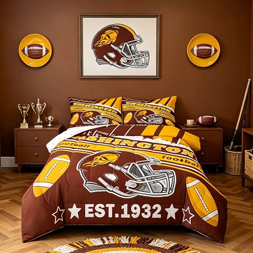 Feelyou Football Bedding Set Boys Girls Queen Size Rugby Sports Comforter Set Football City Duvet Women Men Gray Brown Yellow Decor