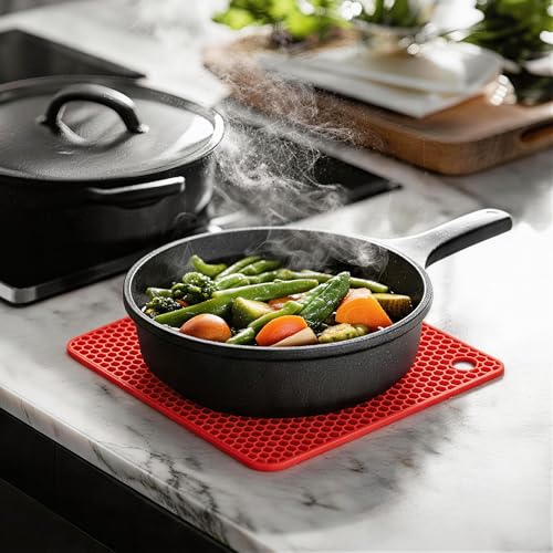 Image of Silicone Trivet Mats,Heat Resistant Pot Holders, Multipurpose Non-Slip Hot Pads for Kitchen Potholders, Hot Dishers, Jar Opener, Spoon Holder, Food Grade Silicone(red Size Square 7.1''x7.1'')