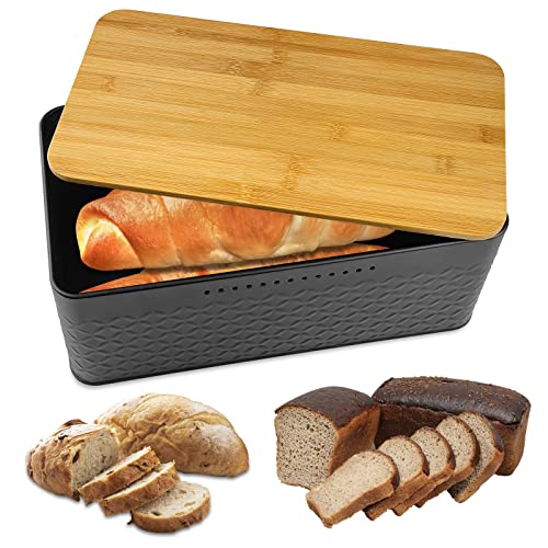 Firschoie Panera para pan, Panera Vintage, caja de pan con funda de bambú, Se puede utilizar como tabla de cortar, transpirable fresco, Para guardar pan, galletas, huevos(33x18x13.5cm negro)