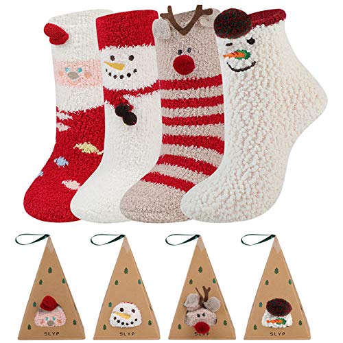 Dorakitten Christmas Socks, 4 Pack Bed Socks For Xmas Plush Socks Women Soft Fluffy Socks Warm Bed Socks For Xmas Gift with A Random Christmas Card