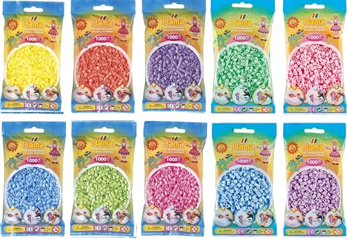 Hama MIDI Perles à repasser Convulut : 10 sachets pastel : jaune, rouge, violet, bleu, vert, rose, lilas, bleu glacé, menthe