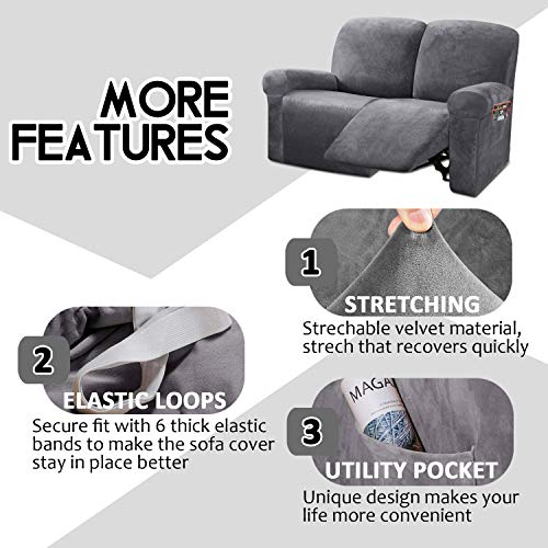 Ultimate Decor Reclining Love Seat Slipcover, 6-Piece Velvet Stretch Loveseat Reclining Sofa Covers, 2 seat Love seat Recliner Cover, Thick, Soft, Washable, Love seat Slipcovers (Dark Grey) - Thumbnail 3