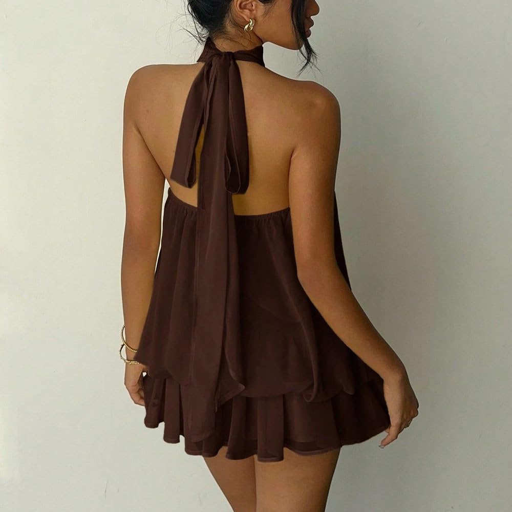 Abito da cocktail da donna, in chiffon, con scollo all'americana, senza maniche, estivo, senza maniche, con volant, mini abito da brunch