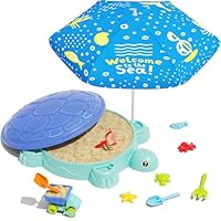 Turtle Sandbox with Lid & Adjustable Umbrella, Kids Sand Box with Sand Molds and Shovels Set for Sensory Play, Toddler Outdoor Indoor Toys for Boys Girls Ages 3+ (Blue)