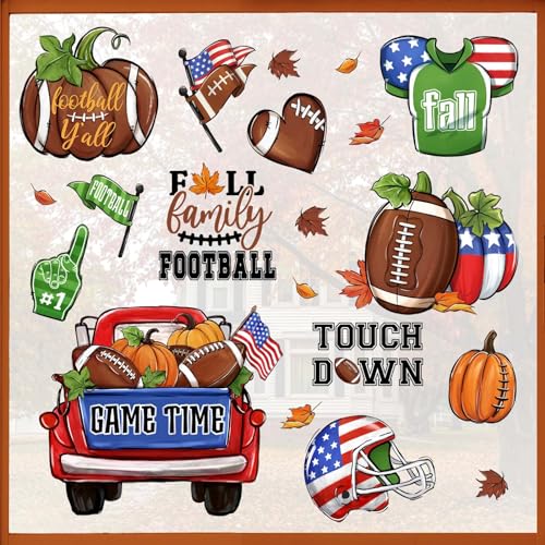Mfault Fall Family Football Window Clings 9 Sheets, Autumn Game Time Red Truck Pumpkin Stickers Decals Decorations, Touch Down Rugby Jersey Helmet Seasonal Home Kitchen Decor