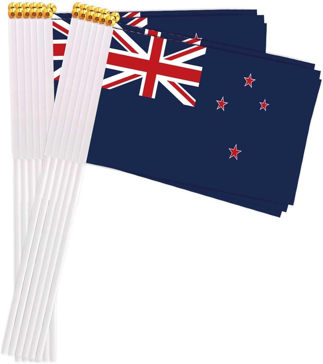 25 Packs Small New Zealand Flags on Handheld Stick，Miniature New Zealand Flag for Outside,4x6 Inch Mini Hand Held Banner with Golden Topper,Patriotic Decorations
