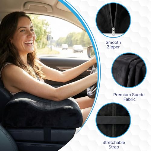 Image of KINGSWAY Car Accessories Centre Console Armrest Cushion Pillow Pad, Long Drive Travel Comfort Memory Foam Car Cushion in Black, Super Soft and Super Comfort Plain Design, Pack of 1