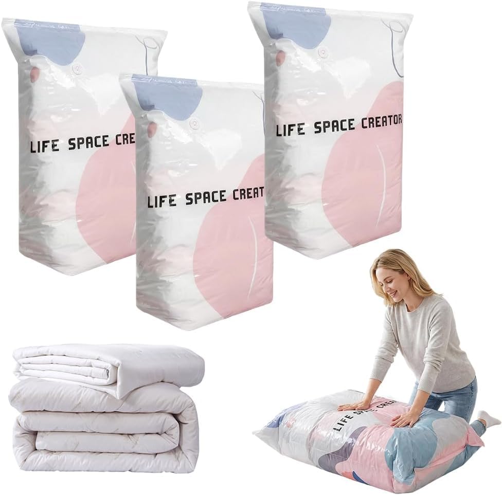 Large 3D Vacuum Storage Bags, 2026 New no pump needed Roll-Up Compression Thickened Reusable Space Saver Vacuum Storage Bag for Clothes, Duvet,Bedding,Blankets (3pcs, 70 * 50 * 32cm)