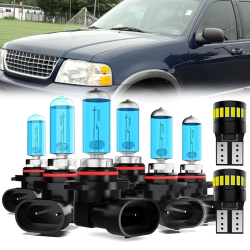 Image of Headlight Bulbs License Plate Lights Fit For Ford Explorer 2002-2005, 9005 High Beam + 9006 Low Beam + 9145 Fog Lights Halogen Light Bulb + License Plate Lights, Pack of 8