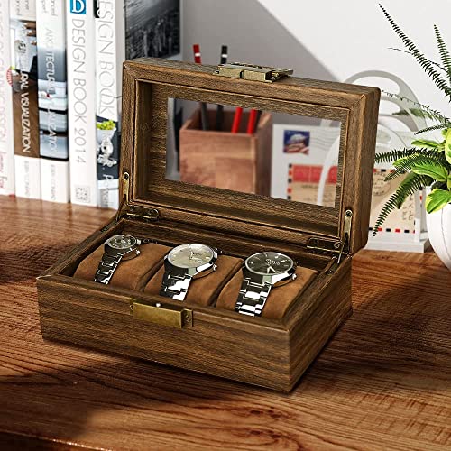 Image of House of Quirk Wooden Watch Box for Organizer, 3 Slots Watches Display Case Storage Boxes with Glass Lid (Wooden)
