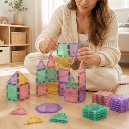 Juju Magnetic Building Tiles Set – Translucent Pastel Squares Triangles and Hexagon in Mint Blush Lavender and Butter Yellow – Stackable Construction Tiles with Strong Beveled Magnets - Image 2