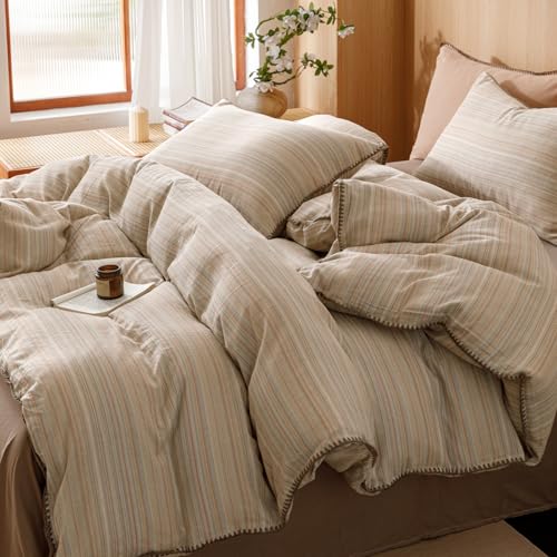 Image of VM VOUGEMARKET Brown Tan Duvet Cover King Striped Pattern Yarn Dyed Muslin Cotton Duvet Cover with Embroidered Edge Super Soft Cozy Bedding Set for Men Women,King Size