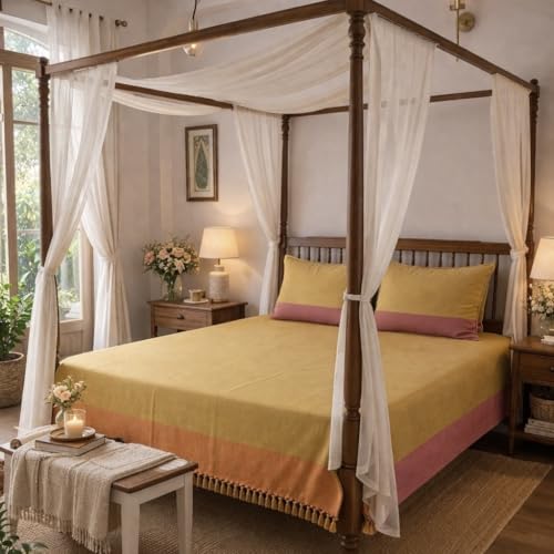 Image of RANGBHAR Handloom Premium Bedsheet King Size | 100% Cotton Bed Sheet with 2 Pillow Covers | Hand Woven, Striped Bed Cover | 250 GSM Premium Heavy Bedspread | King Size 100x98 inch | Mustard