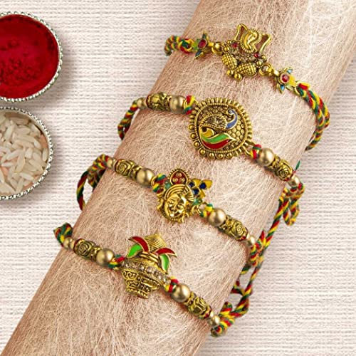 Image of eCraftIndia Set of 4 Designer Rakhi with Cute Deer Showpiece & Best Bro Ever Fridge Magnet | Premium Raksha Bandhan Gift Set for Brother | Roli Chawal Included