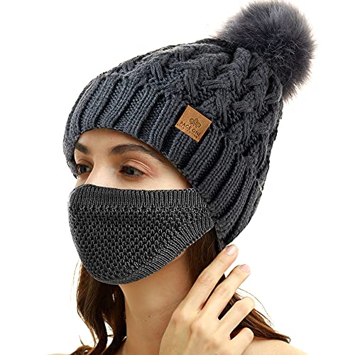 PAGE ONE Womens Winter Ribbed Beanie Crossed Cap Chunky Cable Knit Pompom Soft Warm Hat with Face Cover