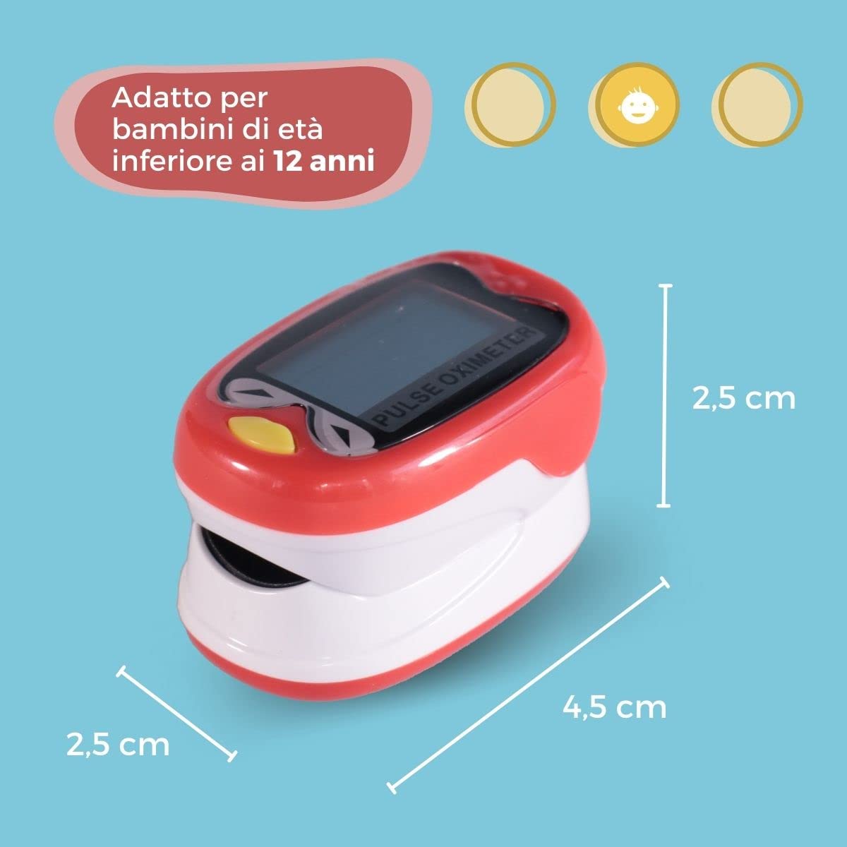 Mobiclinic ®, Saturimetro pediatrico, Py03, Pulsossimetro da dito per bambini, Affidabile e accurato, Ossimetro professionale, Con caricatore usb, Forma di uccellino, Rosso