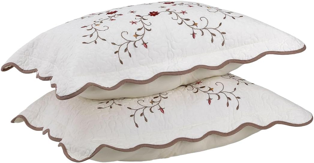 vctops Cotton Quilted Pillow Shams Set of 2, Elegant Floral Embroidered Pillow Cases Standard Size Vintage Farmhouse Decorative Pillow Covers (Type E, 20 x 26 Inch)