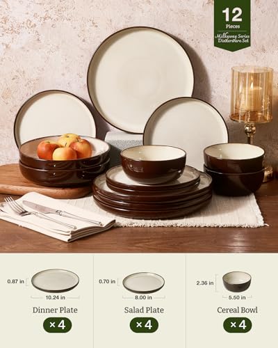 Image of Famiware Milkyway Stoneware Dinnerware Set, 12-Piece, Double Reactive Glaze, Plates and Bowls, Service for 4, Microwave and Dishwasher Safe, Scratch-Resistant, Light khaki & Cocoa