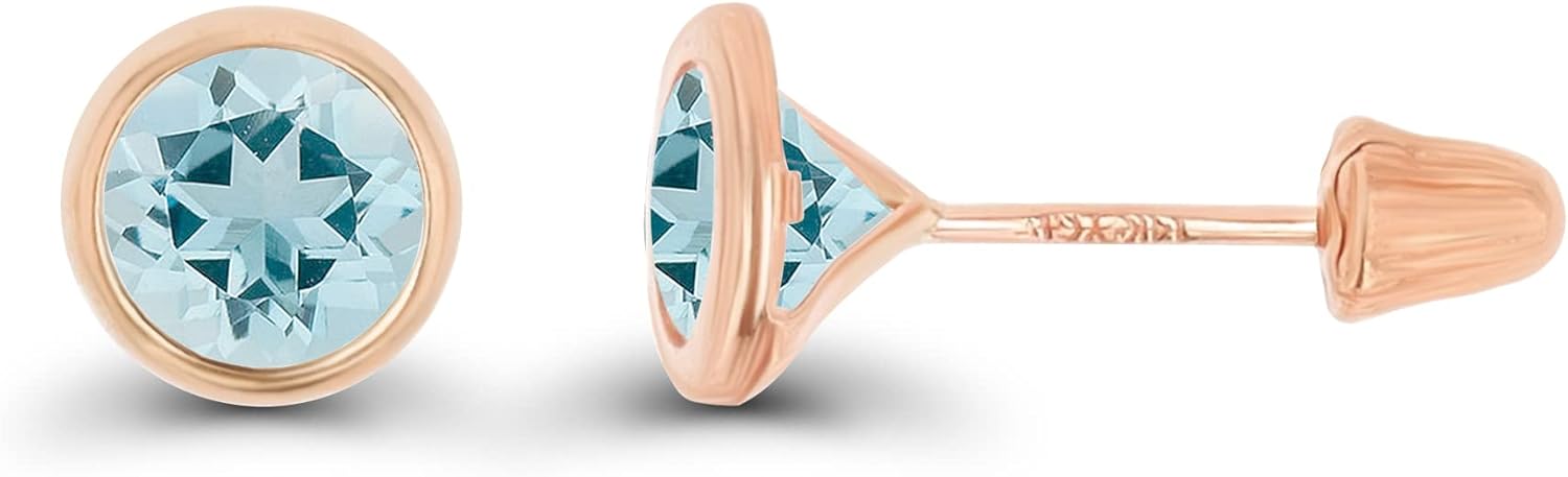 Solid 14K Gold Hypoallergenic 6mm Round Solitaire Birthstone Bezel Screw Back Stud Earrings