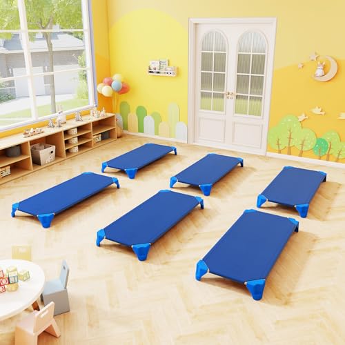 Giantex Stackable Daycare Cots for Sleeping, 53" L x 24" W Portable Nap Cots for Kids and Toddlers w/Easy Lift Corners, Space-Saving Toddler Bed for Preschool Classroom Pet Daycare, Pack of 6, Blue