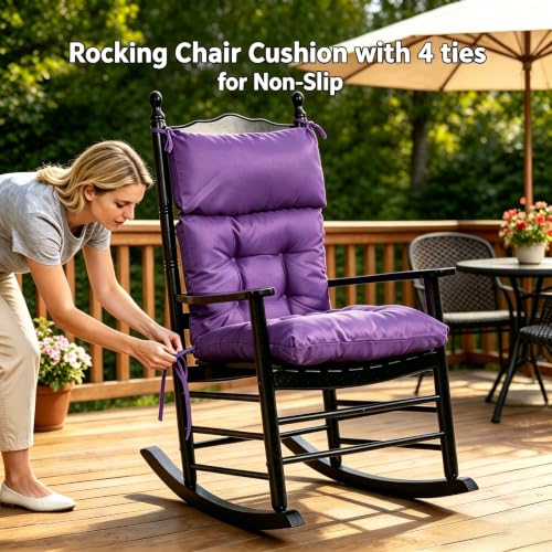 Image of QILLOWAY Outdoor Rocking Chair Cushions Set of 4, 100% Polyester Waterproof Patio Rocking Chair Cushion, High Back Weatherproof Chair Pad for Adirondack & Outdoor Furniture, Purple
