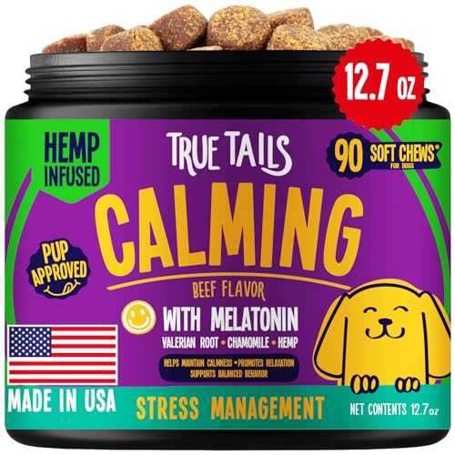 True Tails Calming Chews for Dogs – 90 Dog Calming Treats with Melatonin, Valerian Root, Hemp Oil for Dog Calming – Delicious Calming Dog Chews for Relaxation – No Preservatives or Fillers – Beef