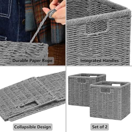 Vagusicc 11 inch Wicker Basket, Set of 2 Handwoven Storage Cubes with Handles, Foldable Paper Rope Storage Baskets for Organizing, Shelves, Bathroom, Grey by Vagusicc - Used condition - Image 2
