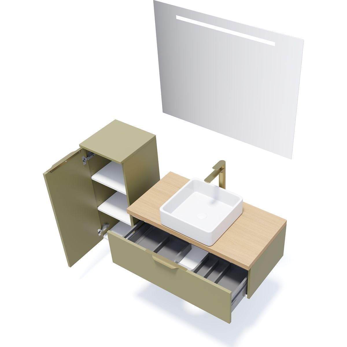HOMIFAB Meuble de Salle de Bain Suspendu Vasque à Poser 90cm 1 tiroir Vert Olive - Venice