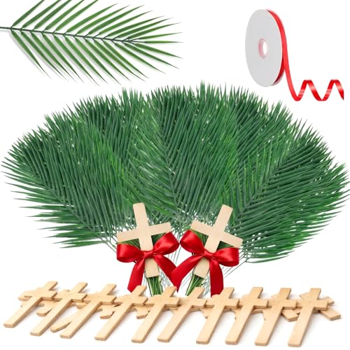 Janinka 201 Pack Palm Crosses Artificial Palm Leaves Decorations Include 100 Pcs 7 Inch Sunday Crosses 100 Pcs Large Palms Branches Ribbon for Sunday Church Arrangement Holy Week DIY Supply
