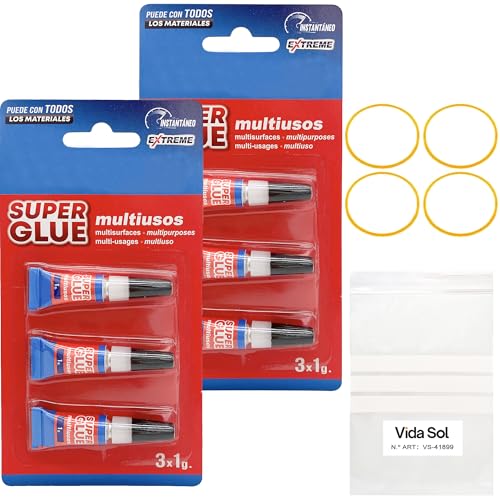 VIDA SOL Pegamento Instantáneo Extreme Super Glue Multiusos, Ultra Fuerte Para Madera, Plástico, Caucho, Metal, Papel, Cerámica, etc. Pega en 10 Segundos, Secado Rápido y Duradero, 6x1G