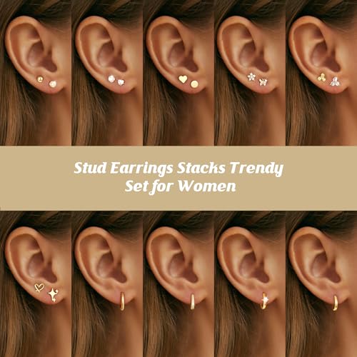 Image of KesaPlan Stud Earrings for Women 14K Gold Plated Hypoallergenic Hoop Earrings Set Small Studs Hoop Huggie Earring Multiple Piercing Star Heart Ball Cubic Zirconia Studs Stacks Trendy for Women Men
