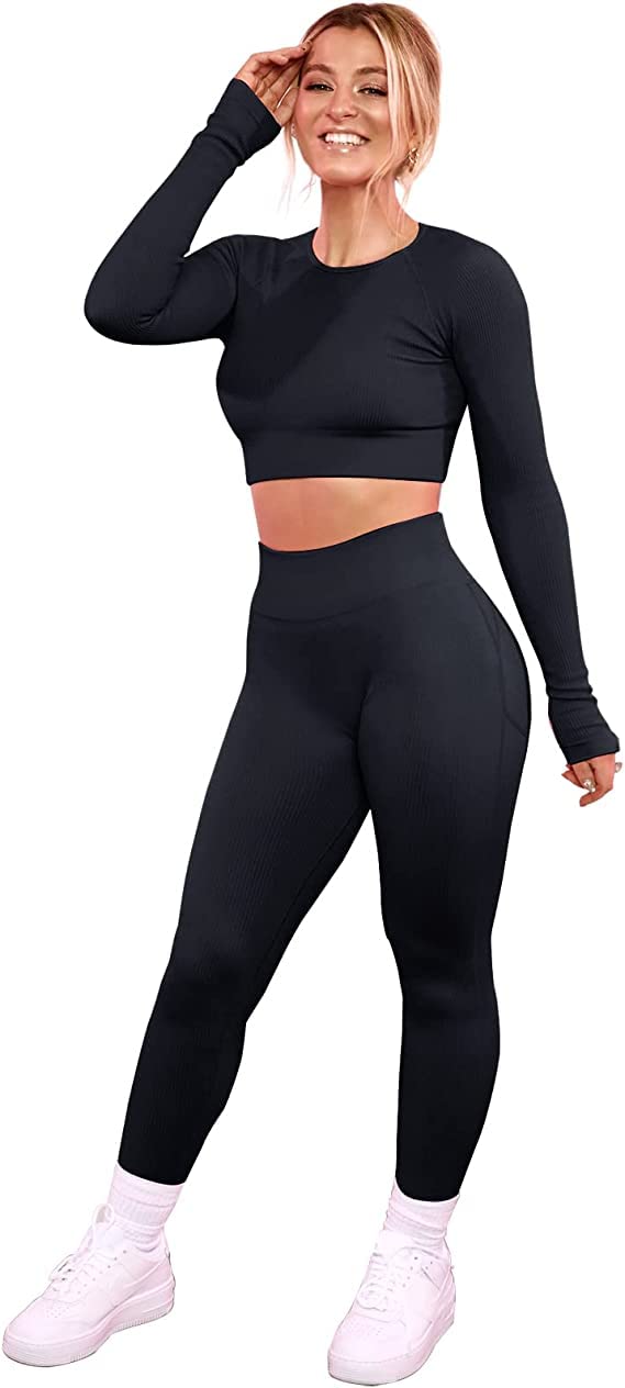 JetjoyYoga Outfits for Women 2 Piece Set,Workout High Waist Athletic Seamless Leggings and Sports Bra Set Gym Clothes