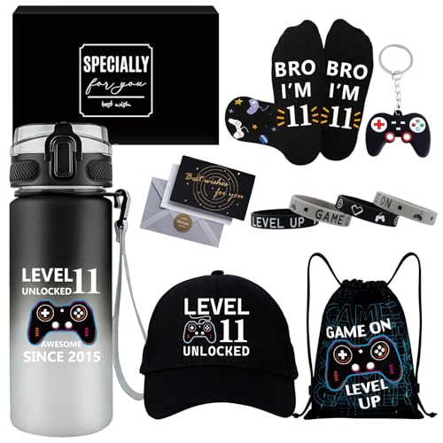 11 Year Old Boy Gifts Birthday Gifts for 11 Year Old Boys Game Theme LEVEL 11 UNLOCKED Gift Set Water Bottle Baseball Cap Socks Bag Keychain Wristbands Cool 11th Present for Son Grandson Nephew