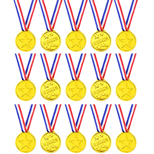 Fantasyon Lot de 15 médailles dorées en plastique pour enfants avec rubans de cou pour fête, festival, sport, compétition, jouets récompenses