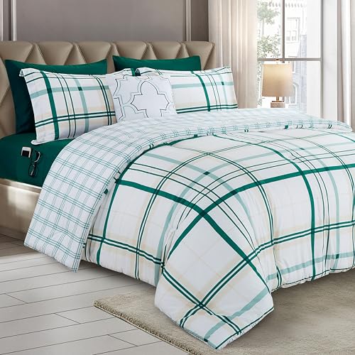 Image of Elegant Comfort 8-Piece Lodge Plaid Reversible Comforter Set-All Season Bed in a Bag, 4-Piece Sheet Set Featuring Smart Pockets,Matching Shams and Decorative Pillow,King /California King, Emerald Green
