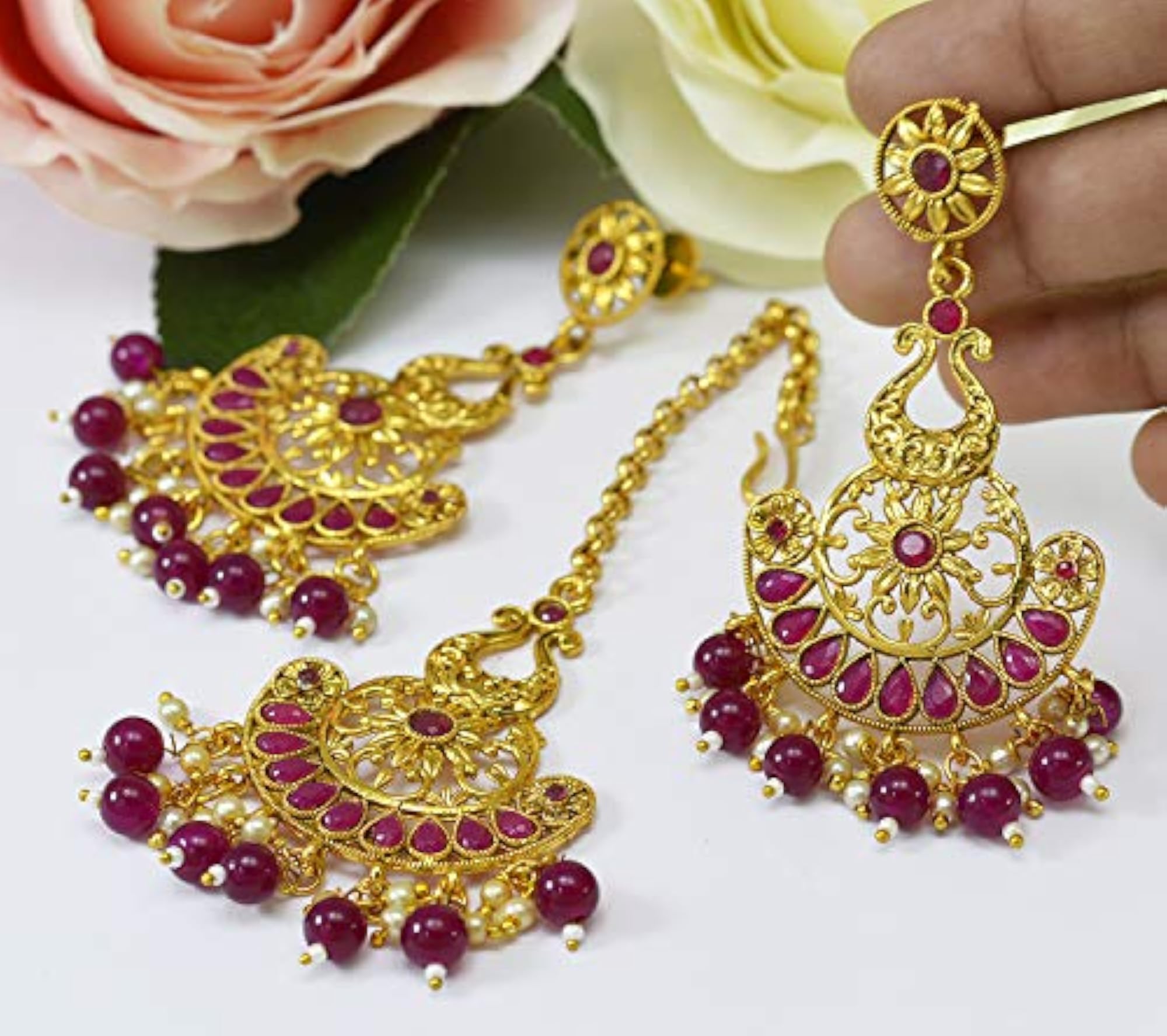 Women's Traditional 22K Earring and Maang Tikka Set, Gift-Ready